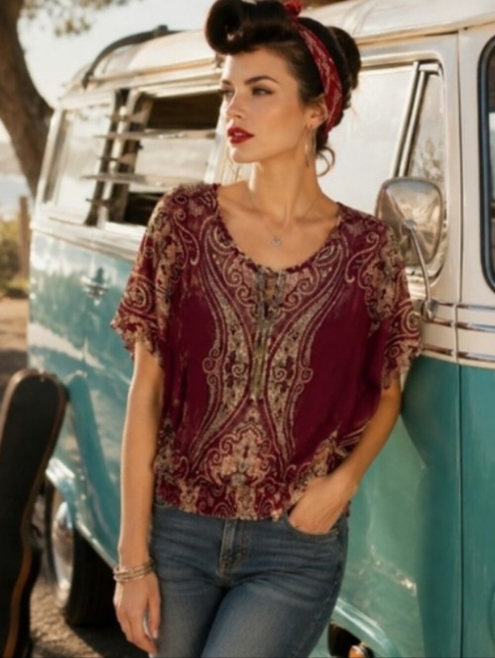 INC International Concepts Burgundy Paisley Scoop-Neck Boho Blouse